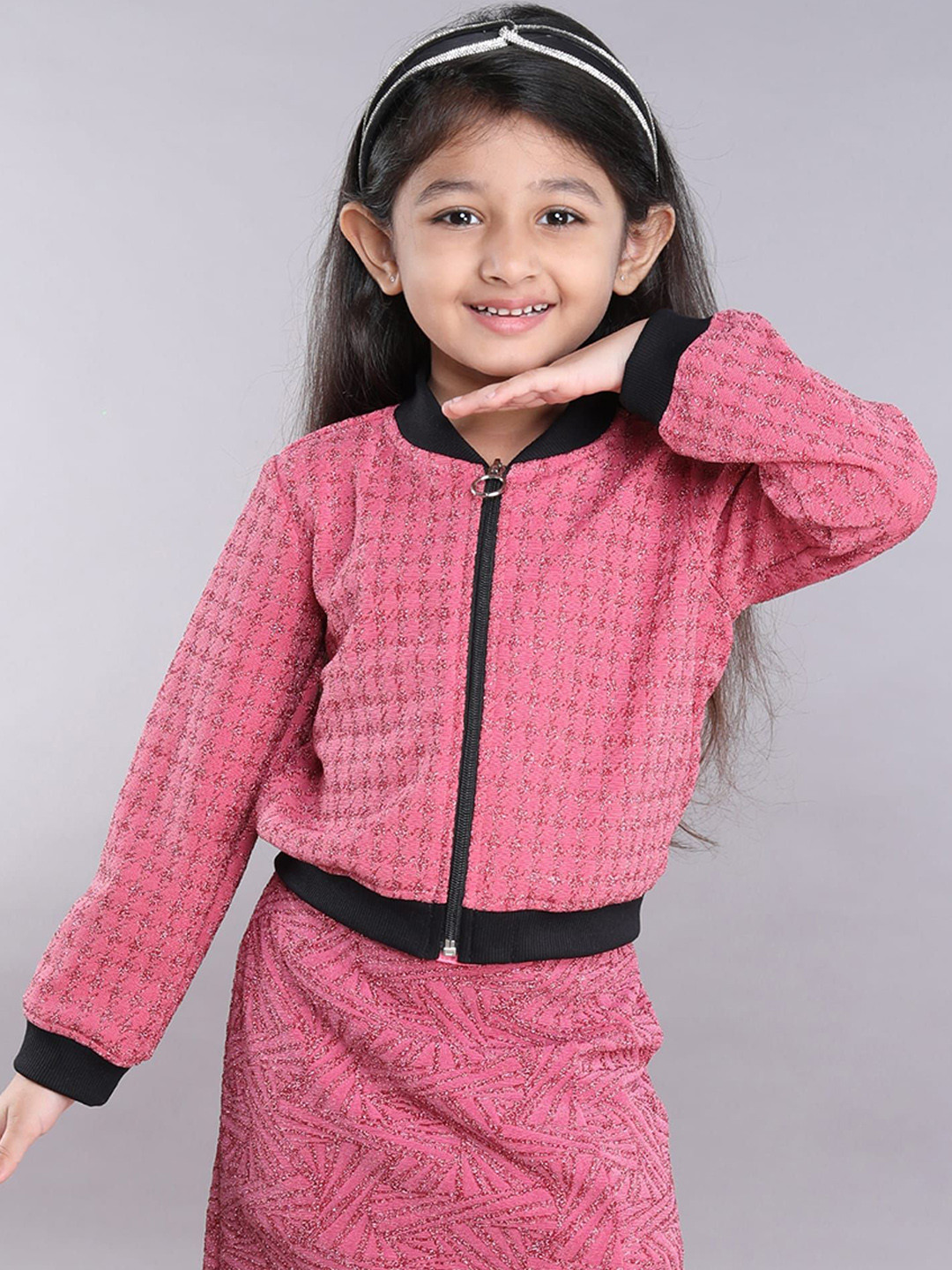 

taffykids Girls Geometric Polyester Crop Bomber with Embroidered Jacket, Pink