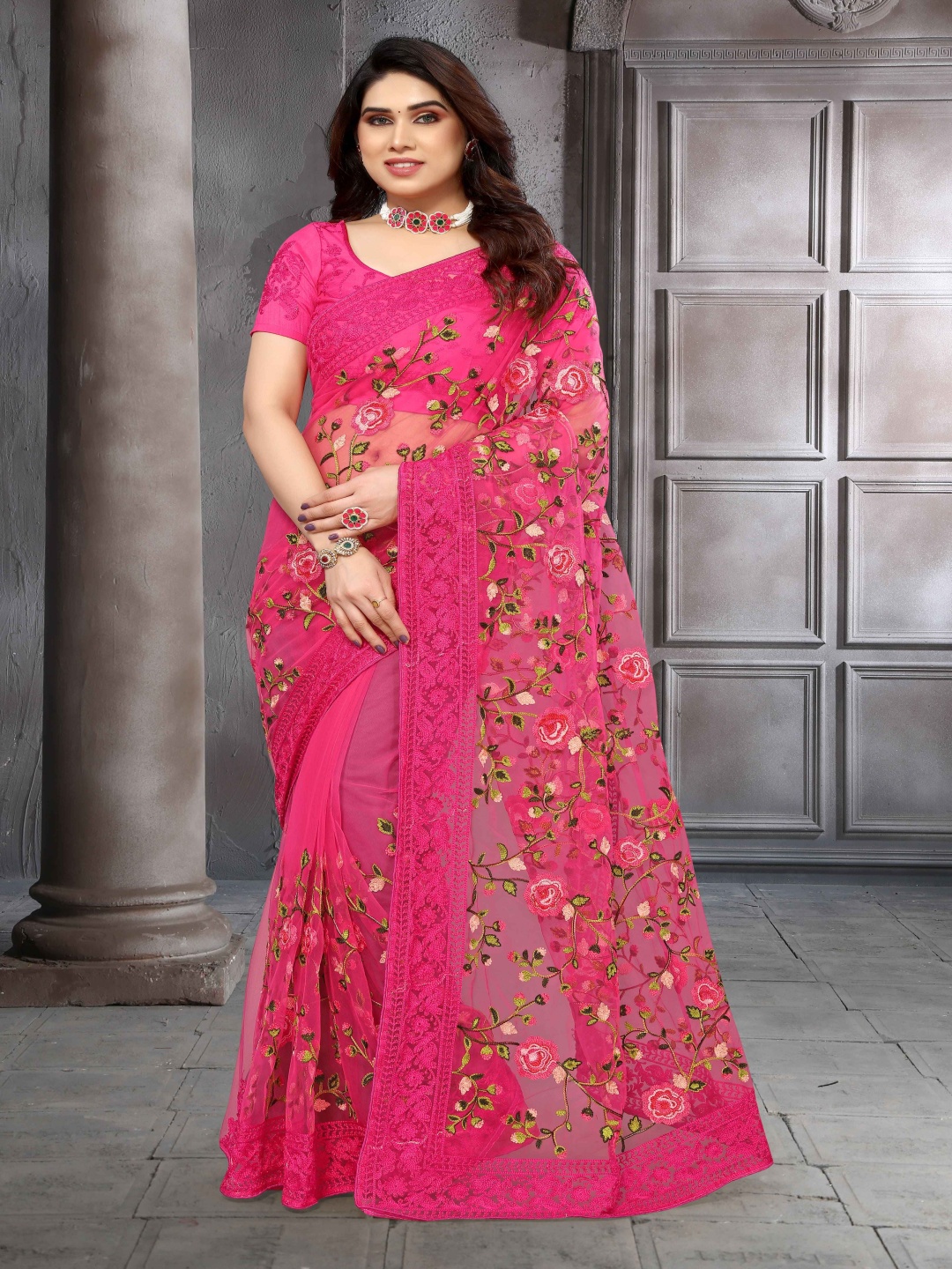 

A.V.M Prints Floral Embroidered Maheshwari Saree, Pink