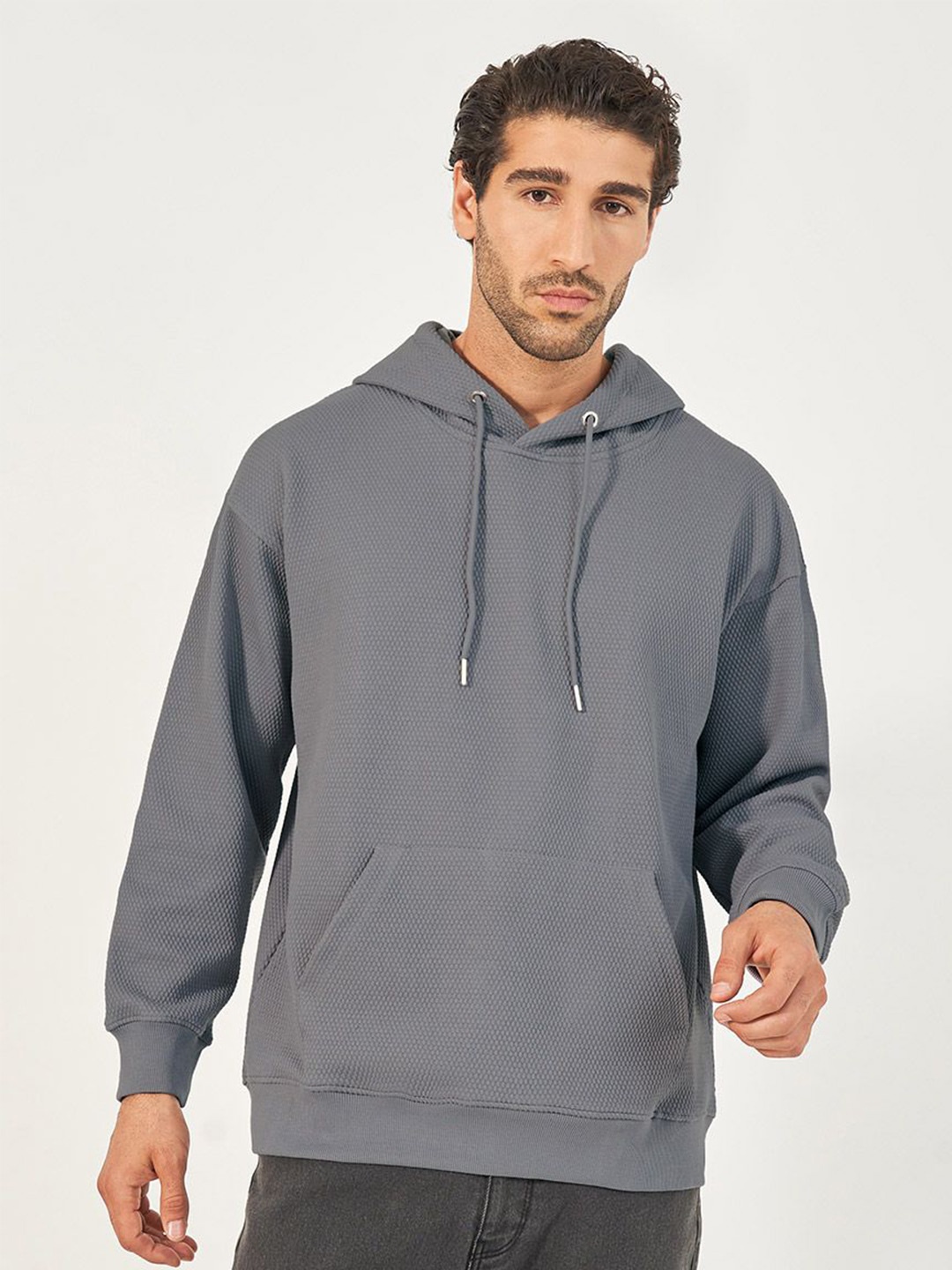 

Styli Men Waffle Textured Boxy Fit Hoodie with Kangaroo Pocket, Grey