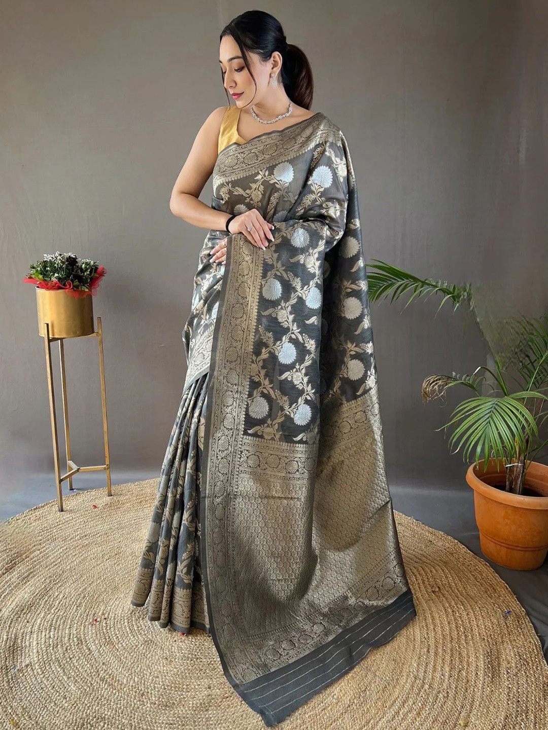 

KALINI Woven Design Zari Silk Blend Banarasi Saree, Grey
