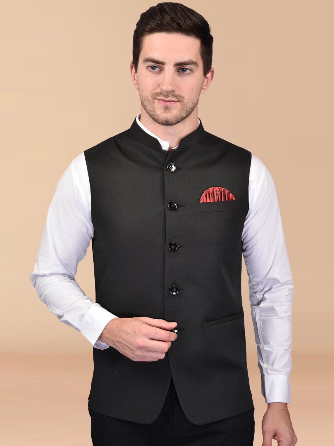 

PRINTINDIA Men Mandarin Collar Woven Jackets, Black