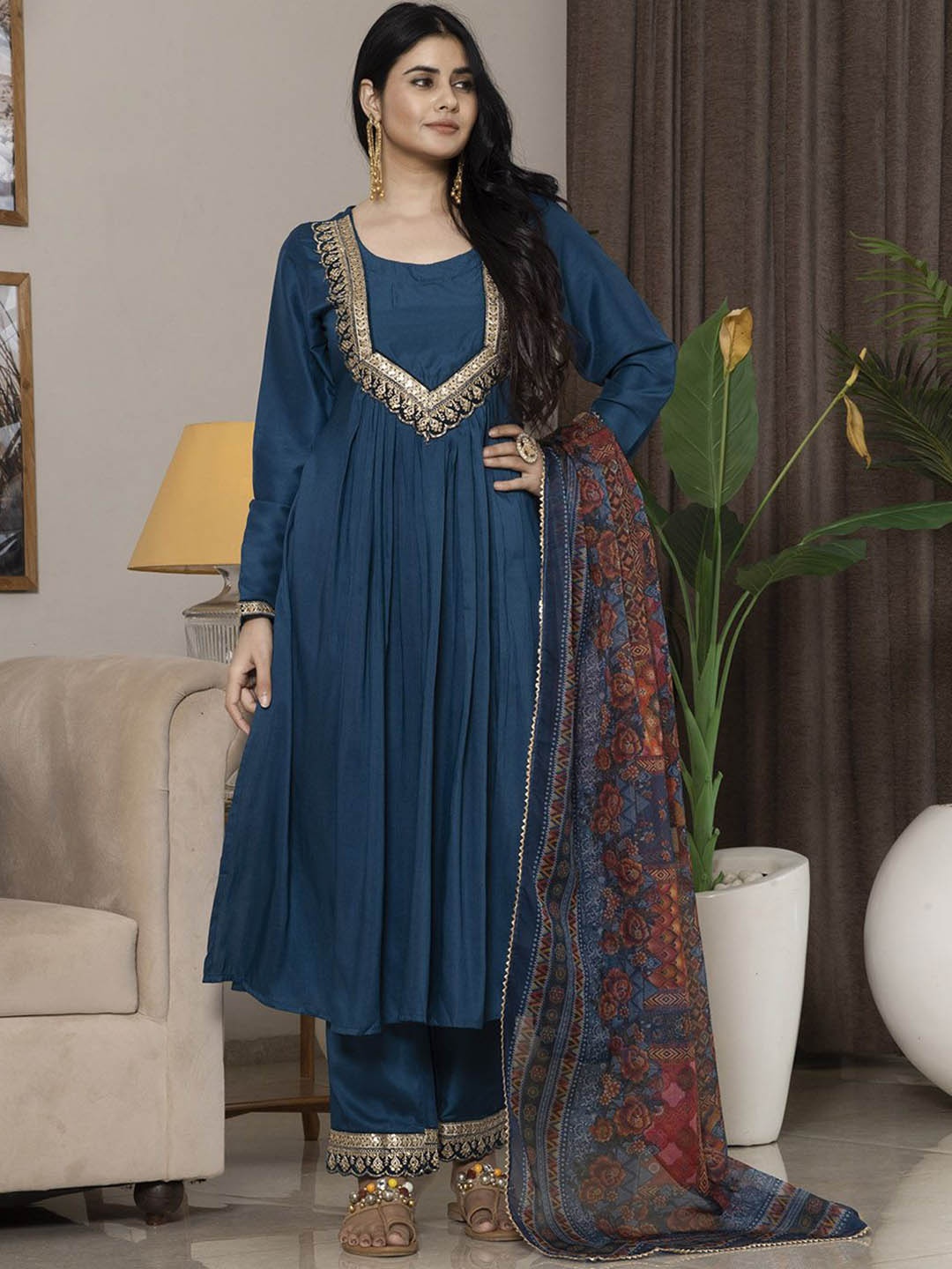 

Krimmple Floral Embroidered Regular Chinon A-Line Kurta with Trousers & Dupatta, Blue