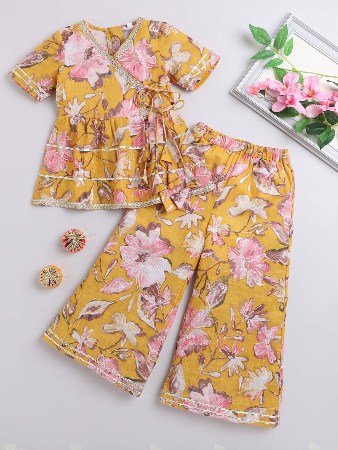 

taffykids Girls Printed Top with Palazzos, Yellow