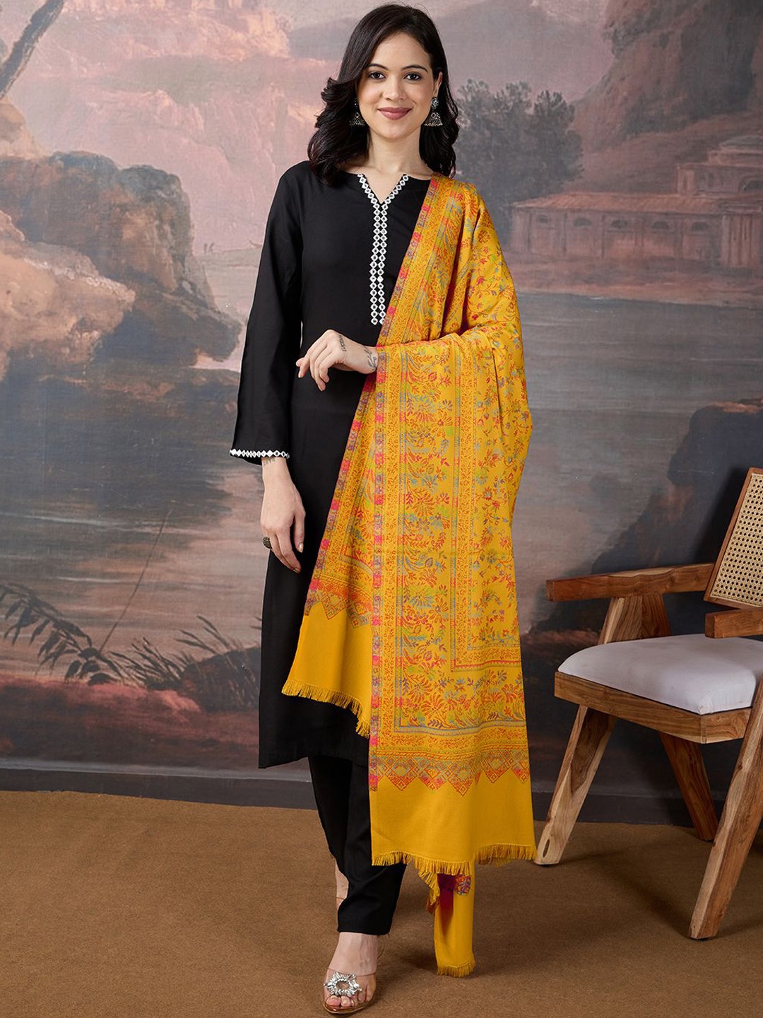 

House of Pataudi Women Floral Woven Design Shawl, Mustard