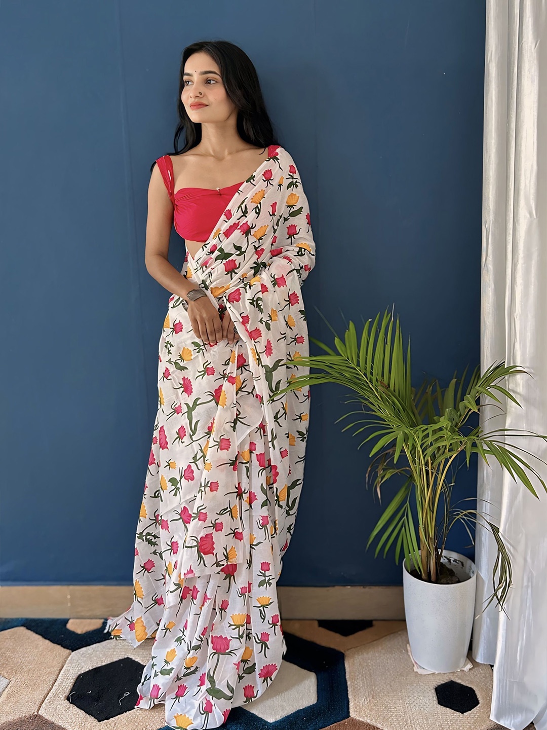 

HERE&NOW Floral Printed Pure Cotton Bagru Saree, White