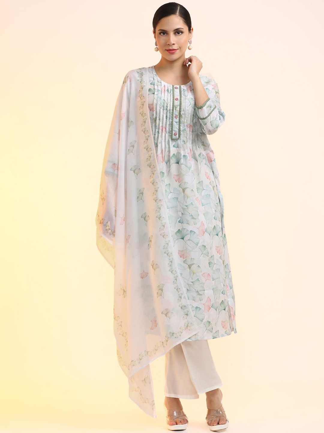 

Jaipur Kurti Women Floral Embroidered Panelled Beads and Stones Linen Kurta with Trousers & With Dupatta, White