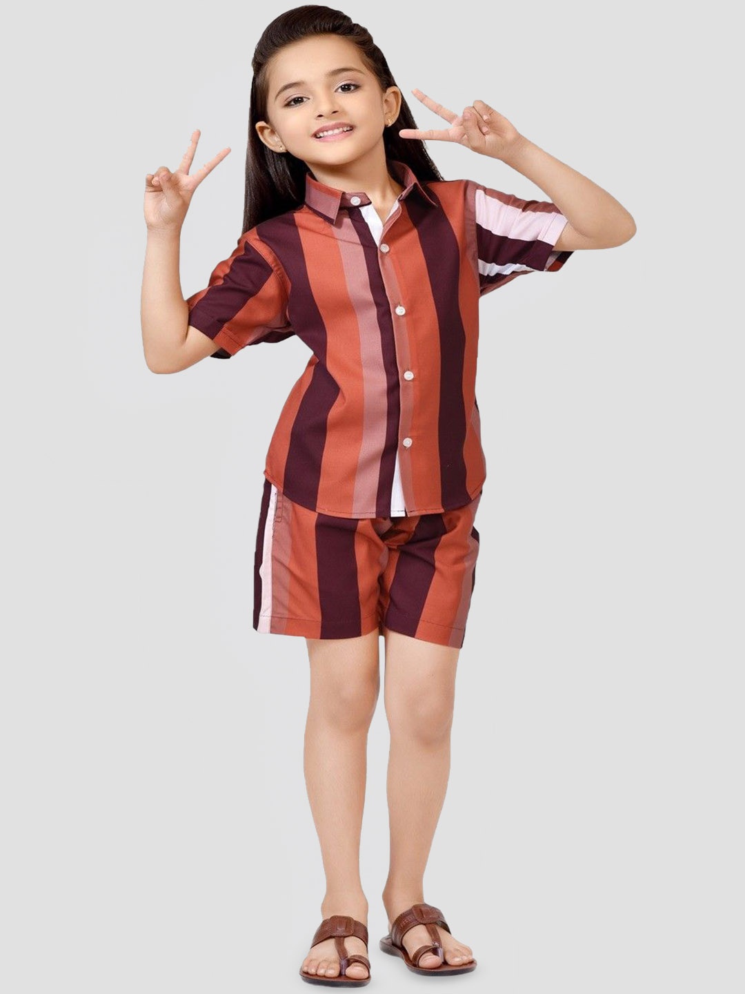 

BAESD Girls Printed Pure Cotton Shirt with Shorts, Brown