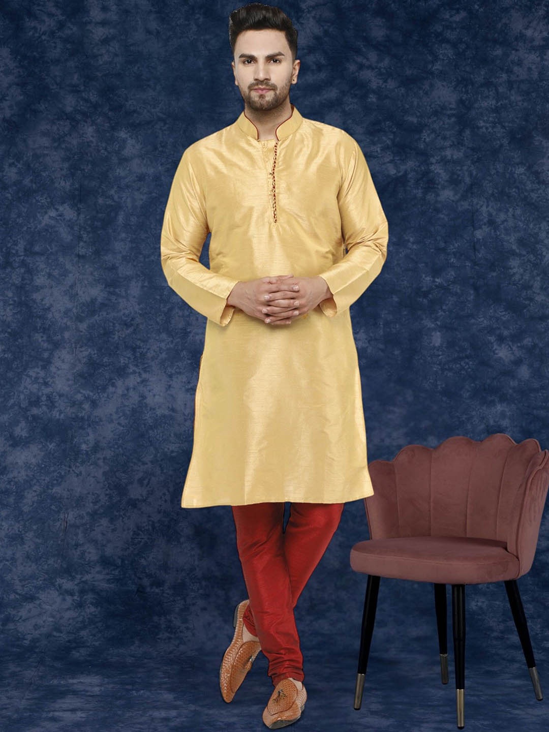 

SKAVIJ Mandarin Collar Long Sleeves Regular Straight Kurta With Churidar, Beige