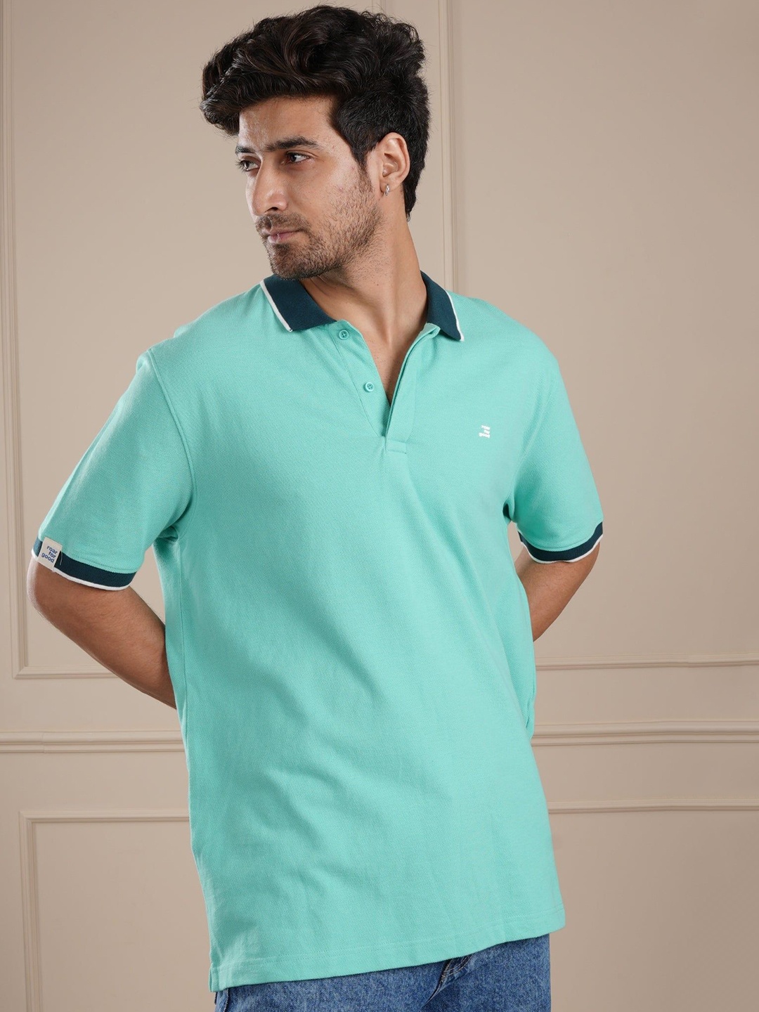 

ROAR FOR GOOD Men Solid Polo Collar Organic Cotton T-shirt, Sea green