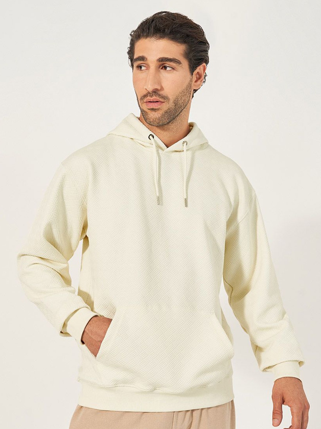 

Styli Men Geo Patterned Relaxed Fit Hoodie with Kangaroo Pocket, Cream