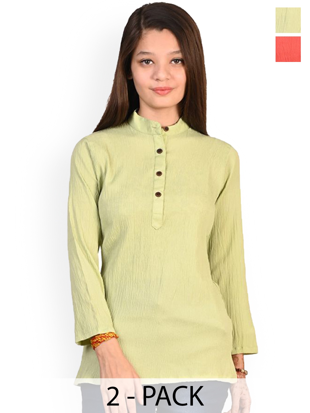 

BAESD Girls Pack Of 2 Mandarin Collar Crepe Straight Kurta, Green