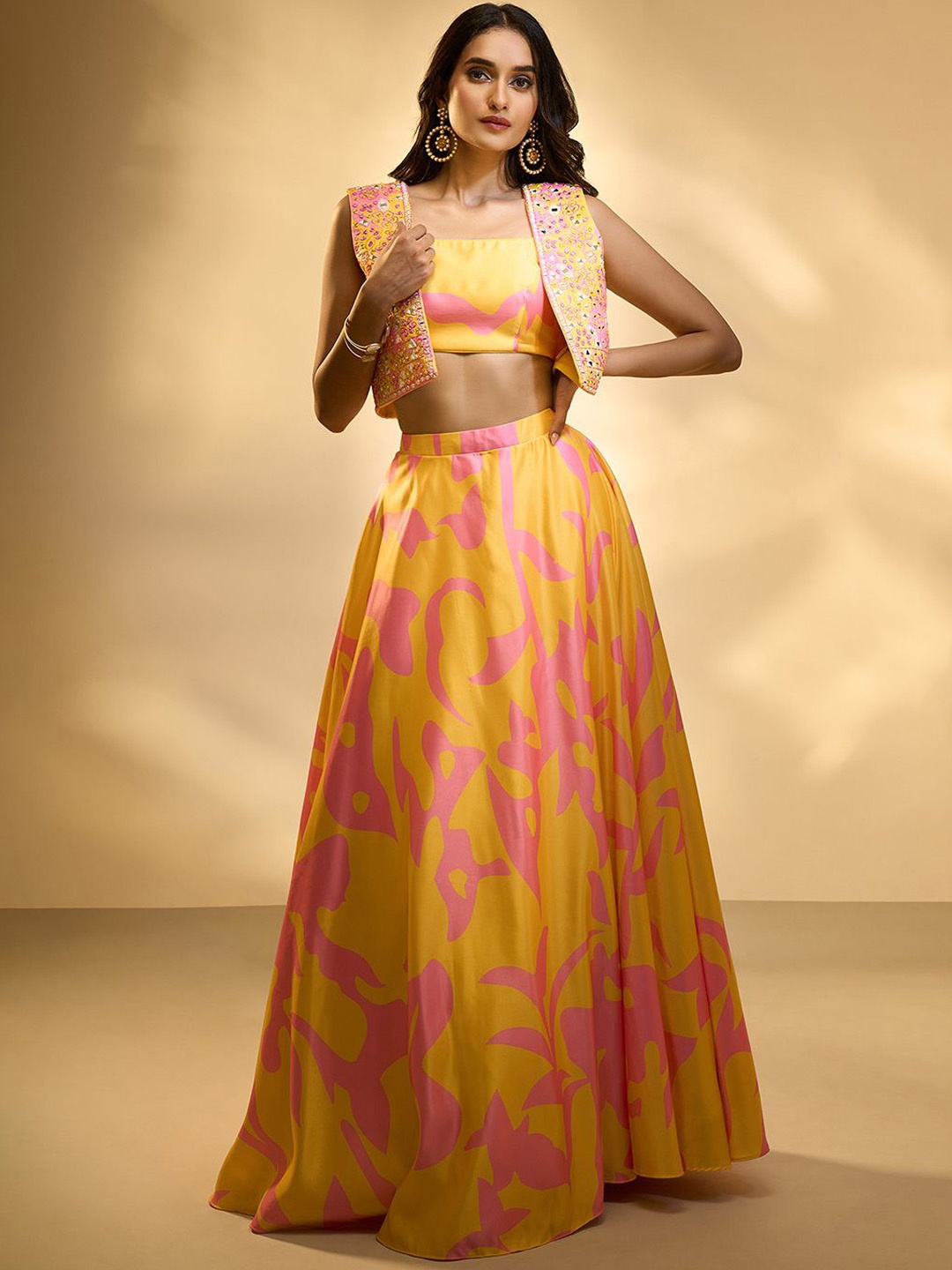 

Alaya Advani Printed Top Jacket With Skirt Co-Ords, Yellow