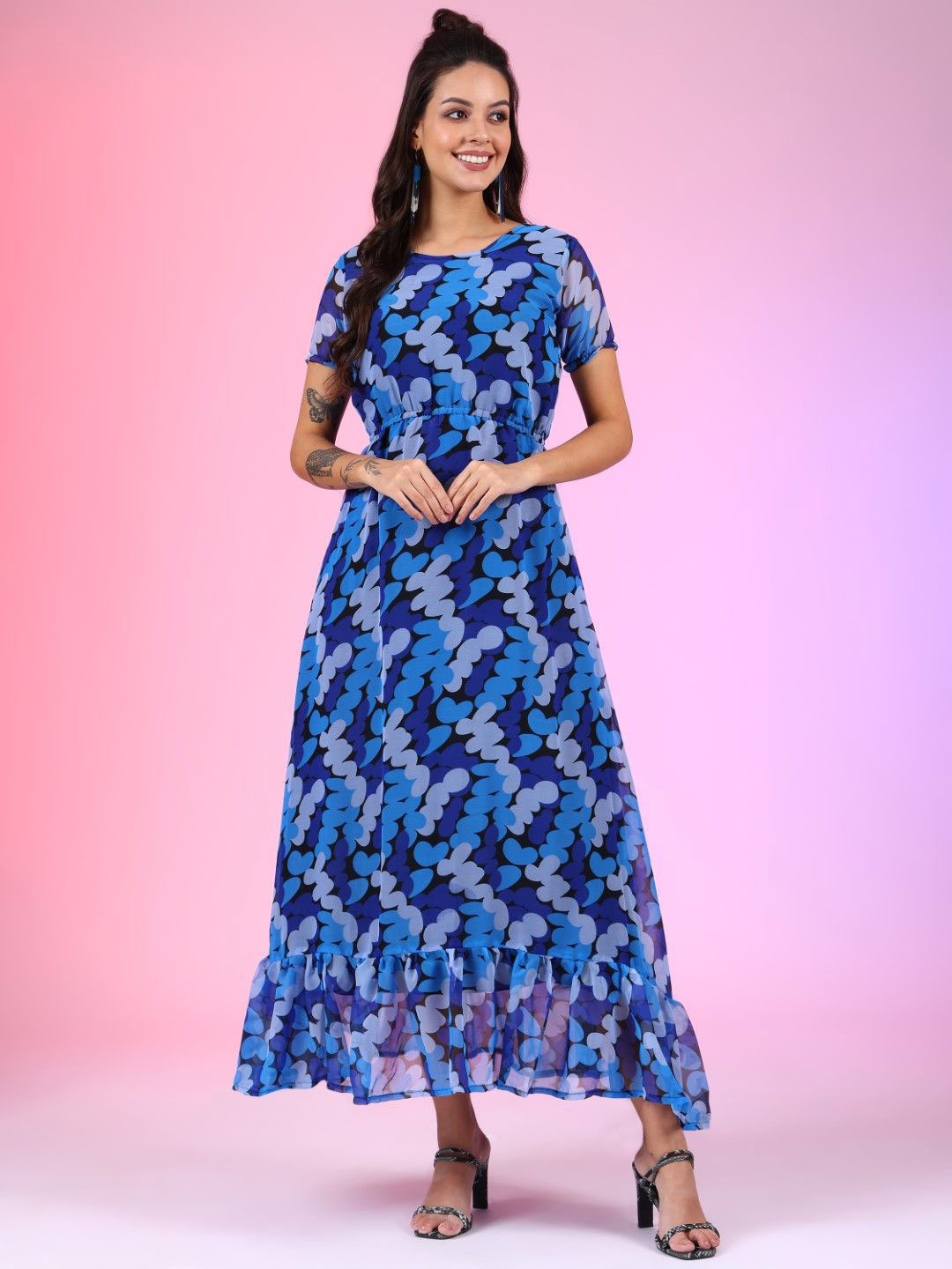 

Femvy Print Georgette Fit & Flare Maxi Dress, Turquoise blue