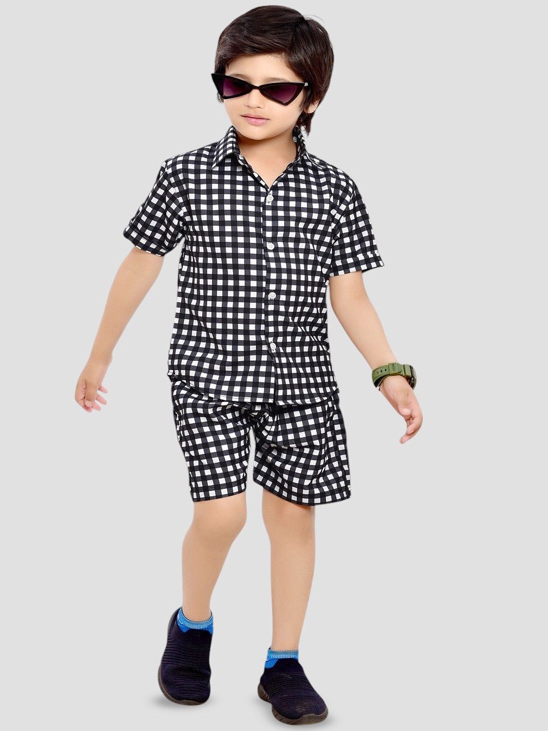 

BAESD Boys Printed Pure Cotton Shirt with Shorts, Black