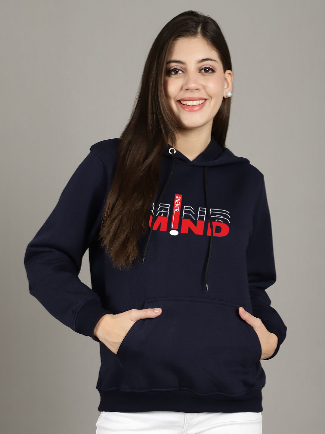 

GRACIT Women Printed Hooded Sweatshirt, Navy blue