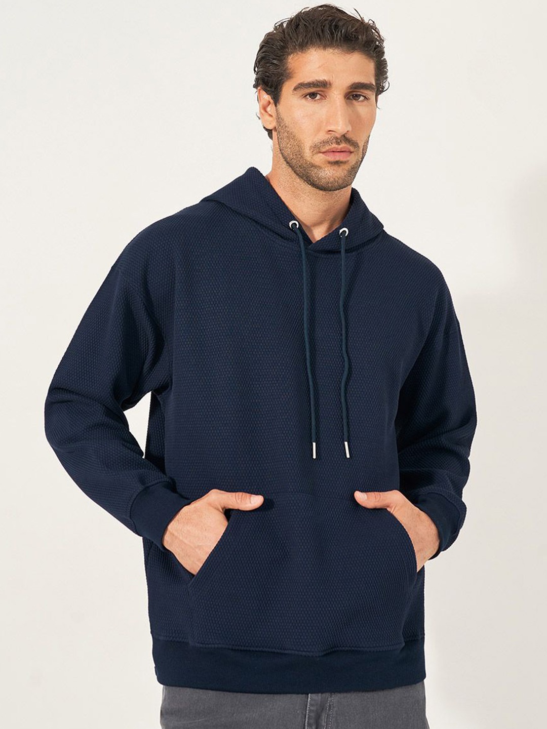 

Styli Men Waffle Textured Boxy Fit Hoodie with Kangaroo Pocket, Navy blue