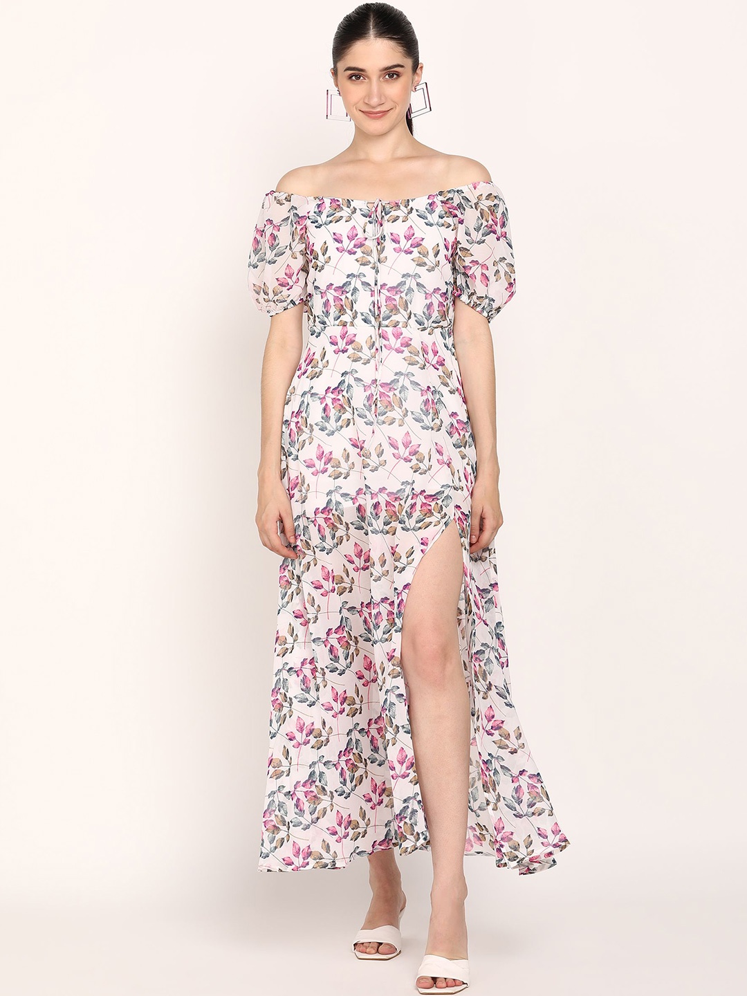

DODO & MOA Floral Print Off-Shoulder Puff Sleeve Georgette Maxi Dress, White