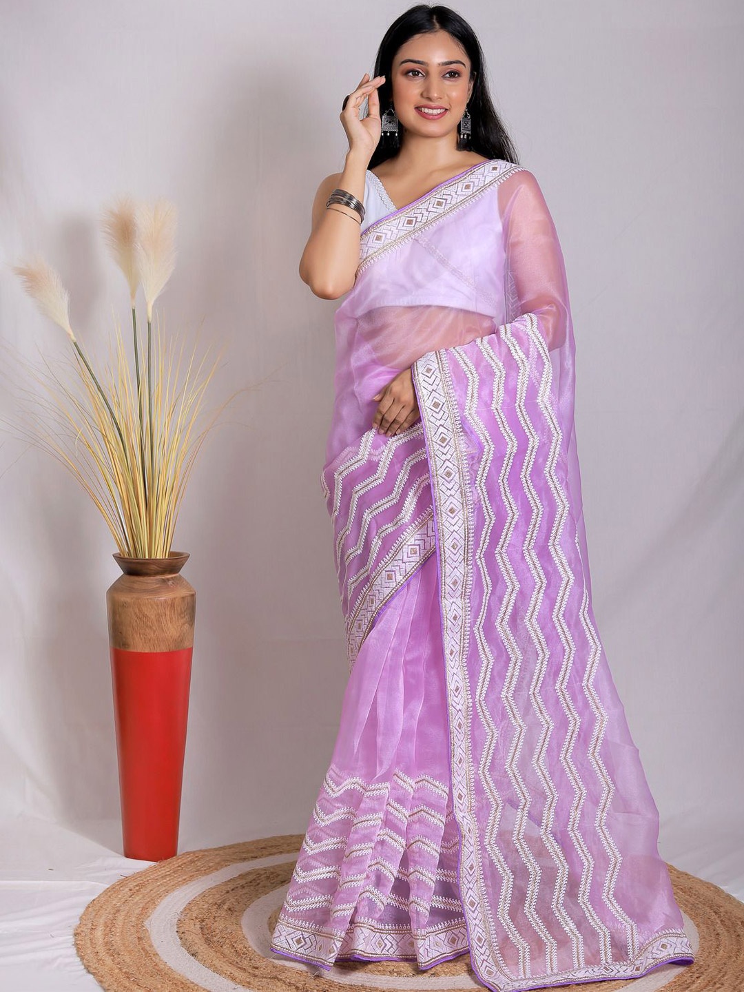 

Anouk Striped Organza Saree, Lavender