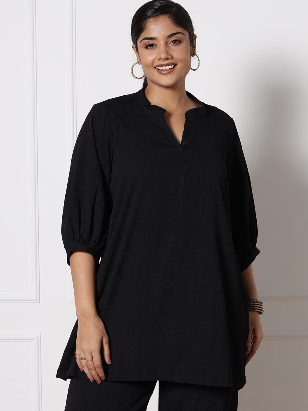 

LetsDressUp Mandarin Collar Longline Top, Black