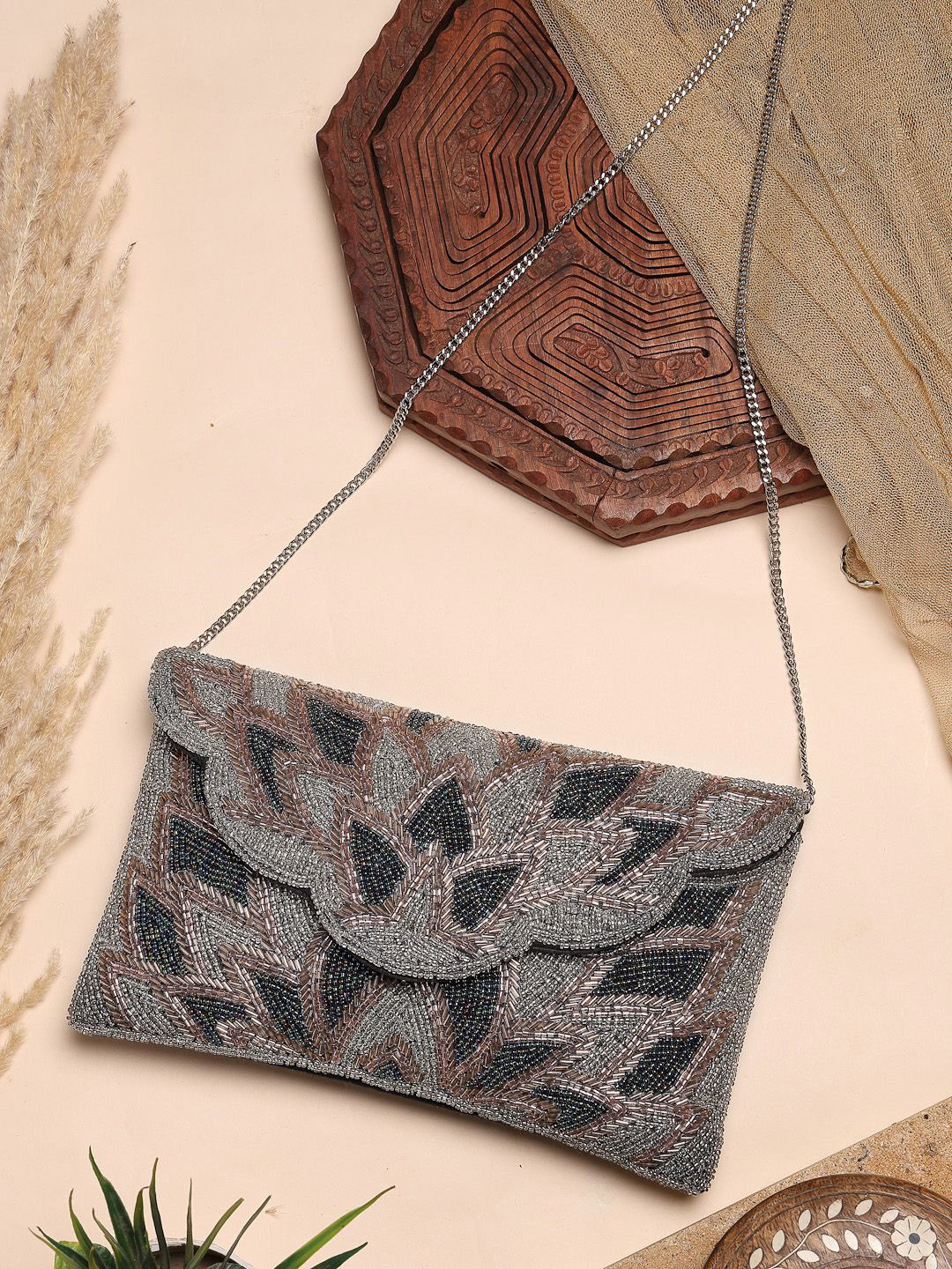 

Anekaant Ethnic Motifs Embellished Structured Sling Bag, Silver