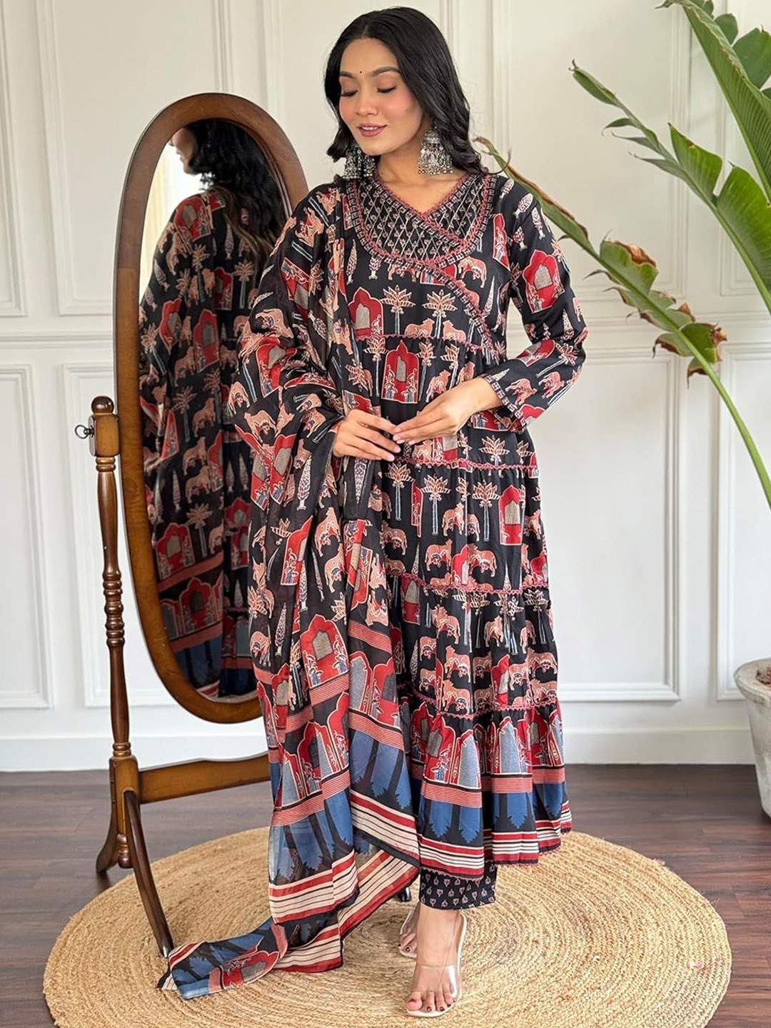 

PARTHVI Women Ethnic Motifs Printed Regular Thread Work Pure Cotton Kurta with Trousers & With Dupatta, Black