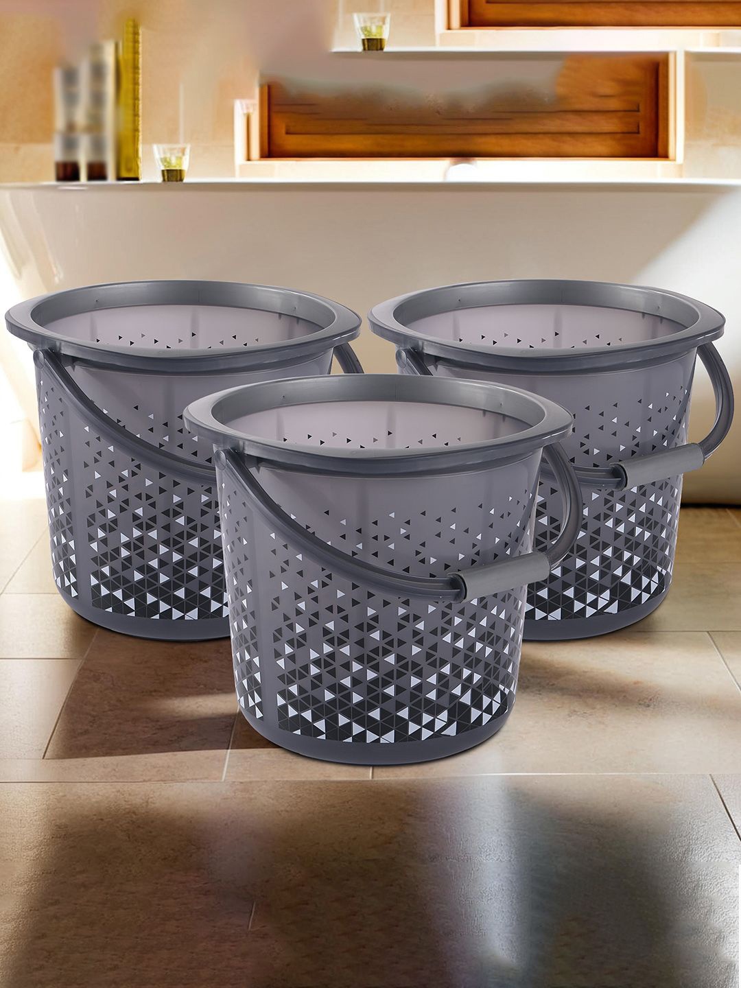 

Kuber Industries Black 3 Pieces Geometric Printed Bathroom Buckets-18 L