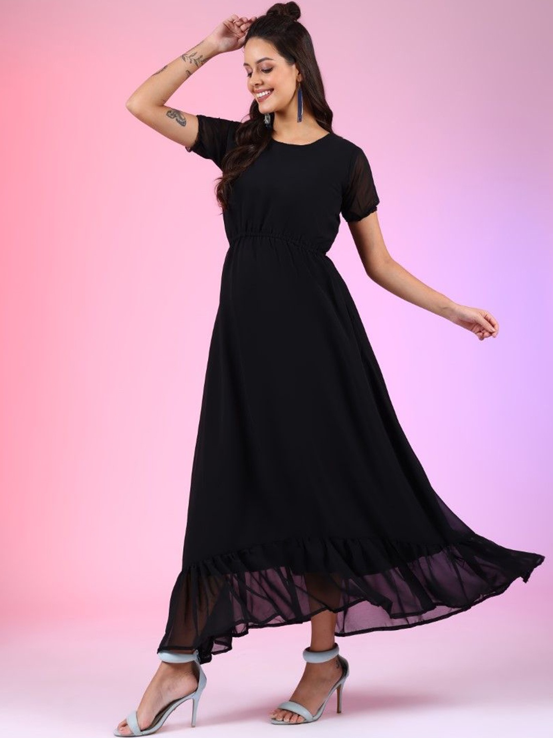 

Femvy Georgette Fit & Flare Maxi Dress, Black