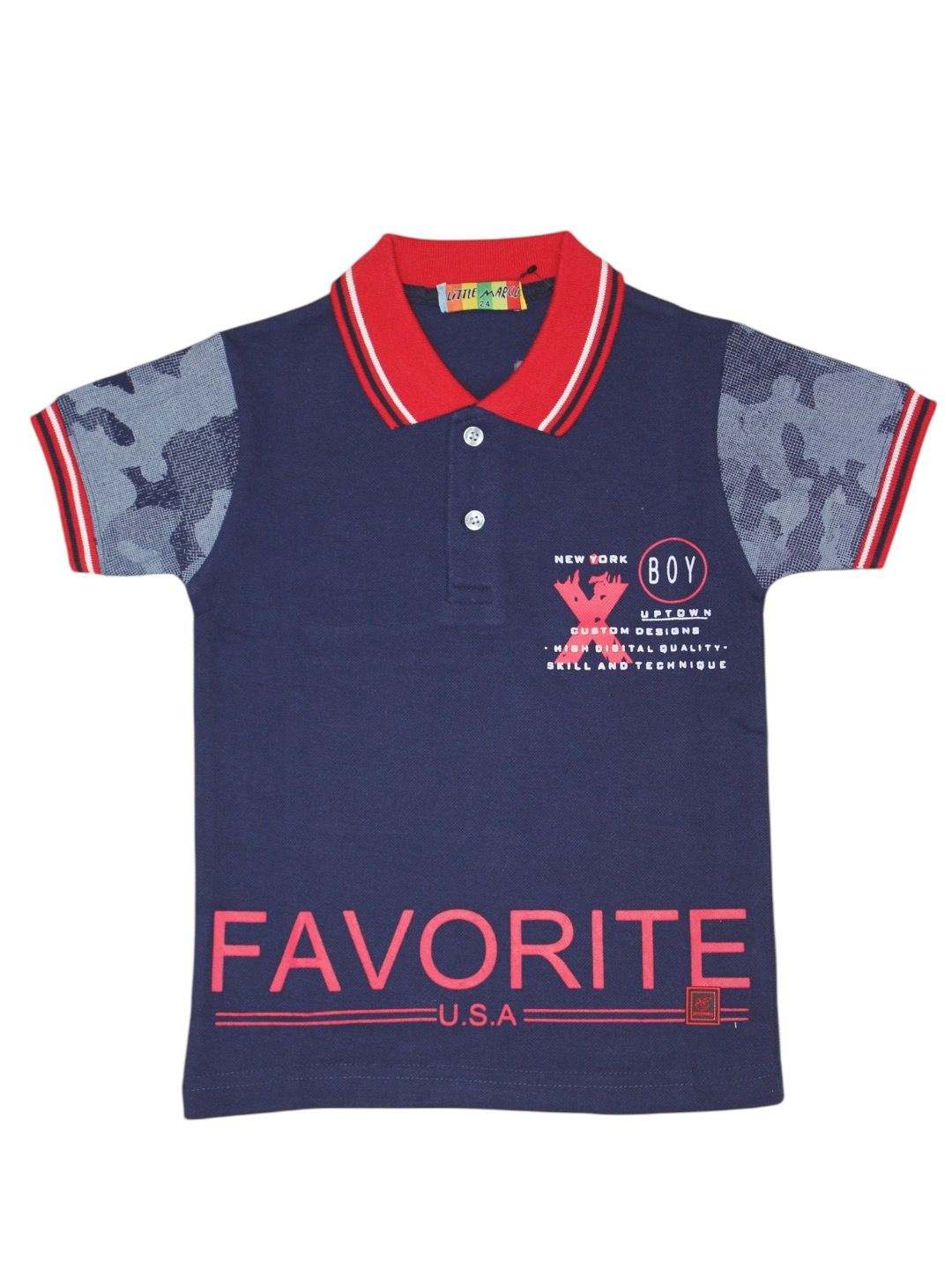 

Little Marco Boys Typography Printed Polo Collar Applique T-shirt, Navy blue