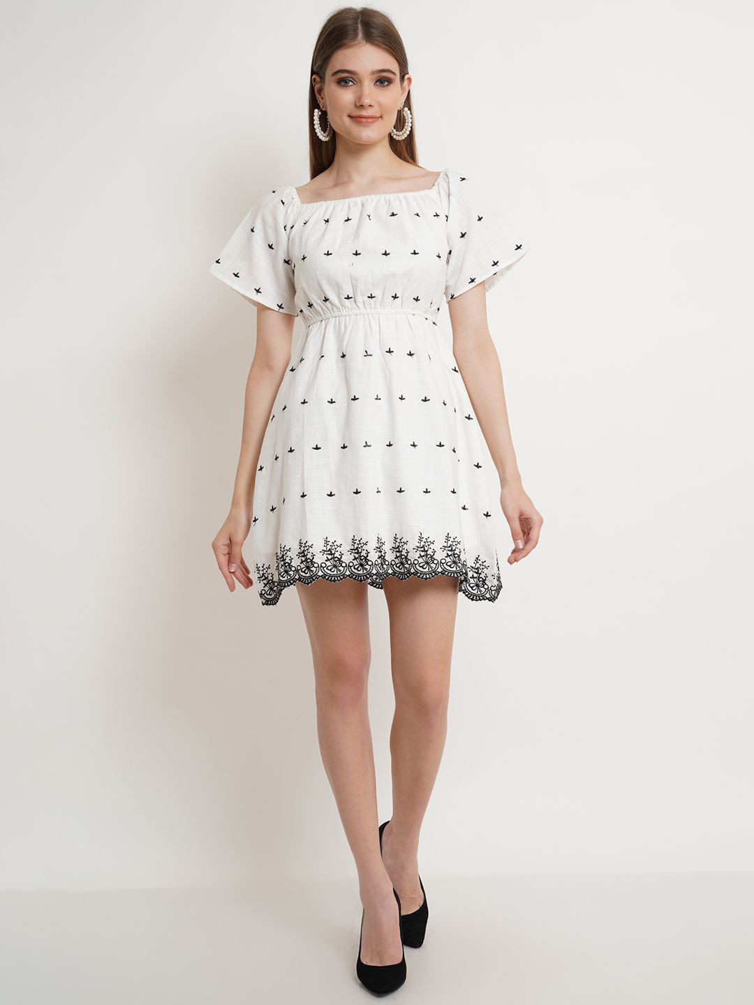 

DODO & MOA Print Off-Shoulder Georgette Fit & Flare Dress, White