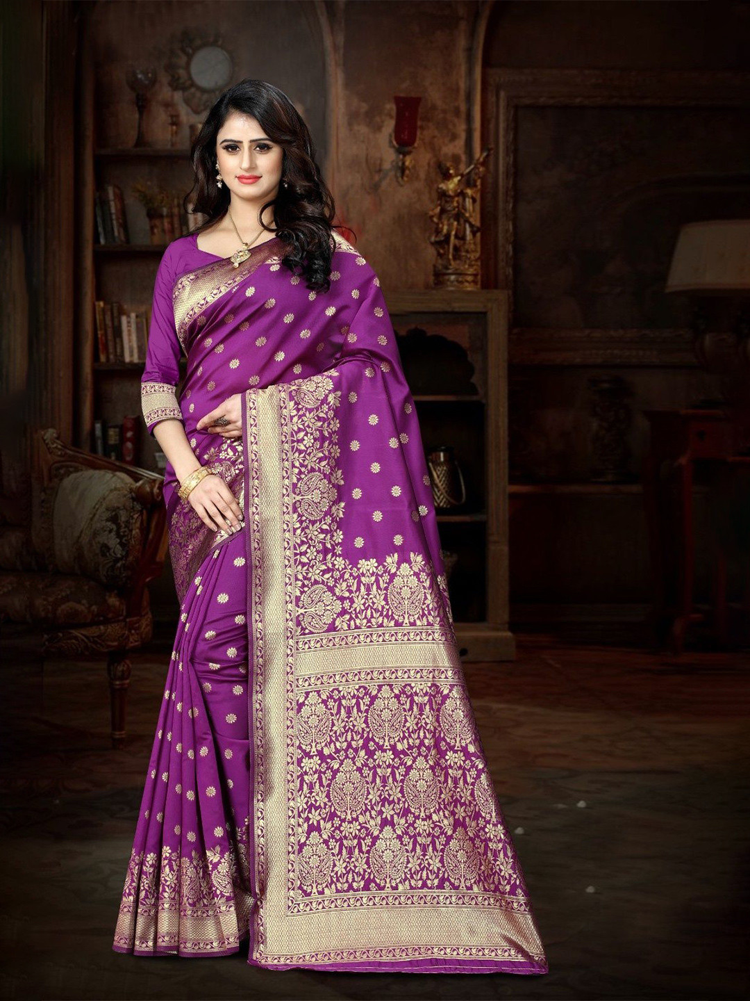 

KALINI Woven Design Zari Silk Blend Kanjeevaram Saree, Purple