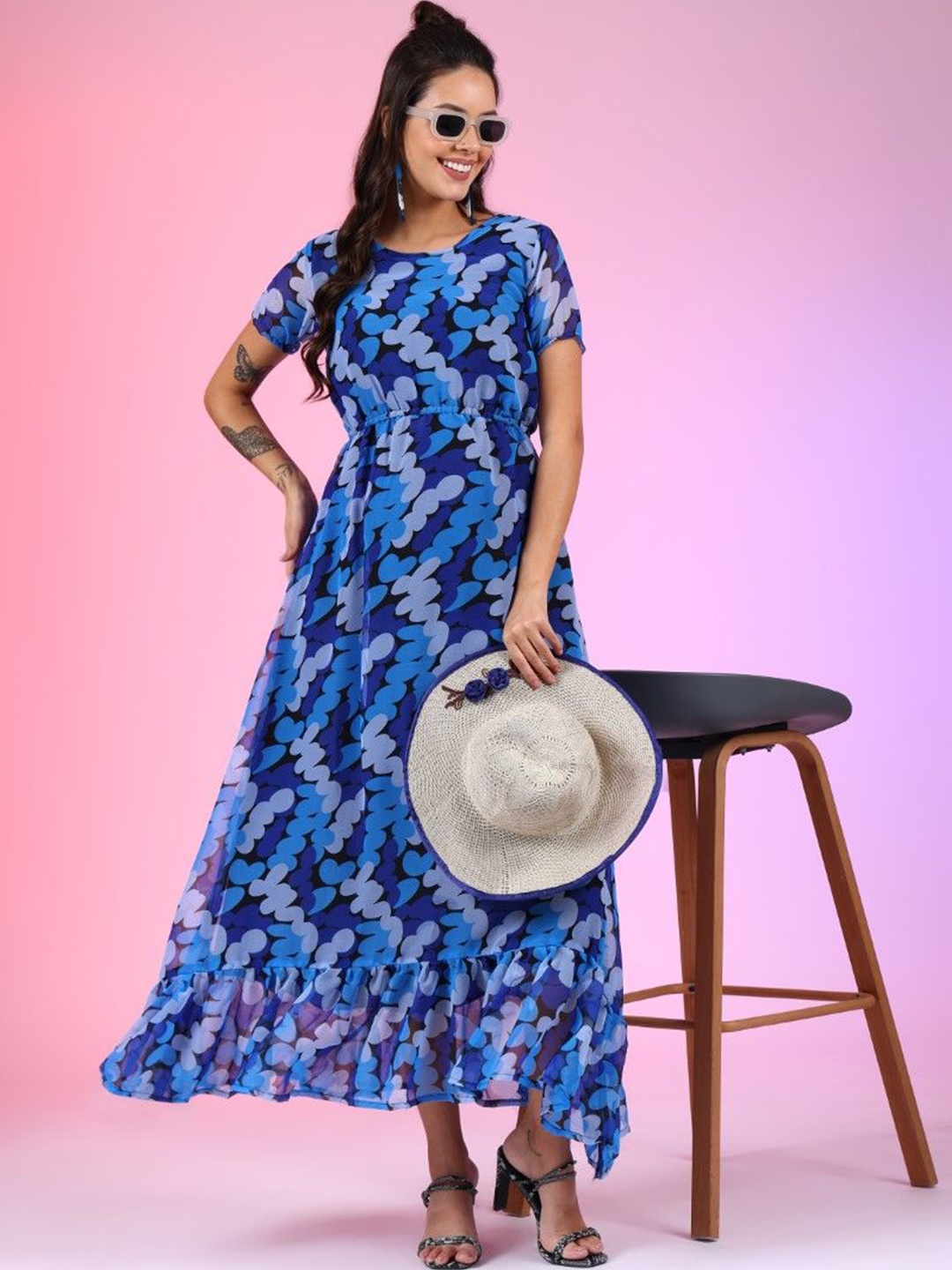 

Femvy Print Georgette Fit & Flare Maxi Dress, Turquoise blue
