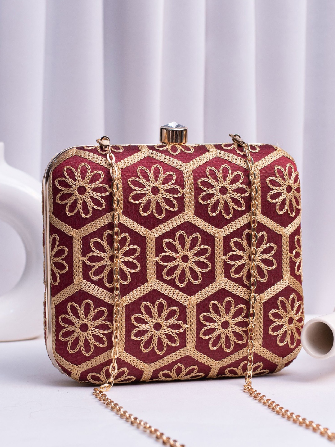 

ARTKLIM Embroidered Box Clutch, Maroon