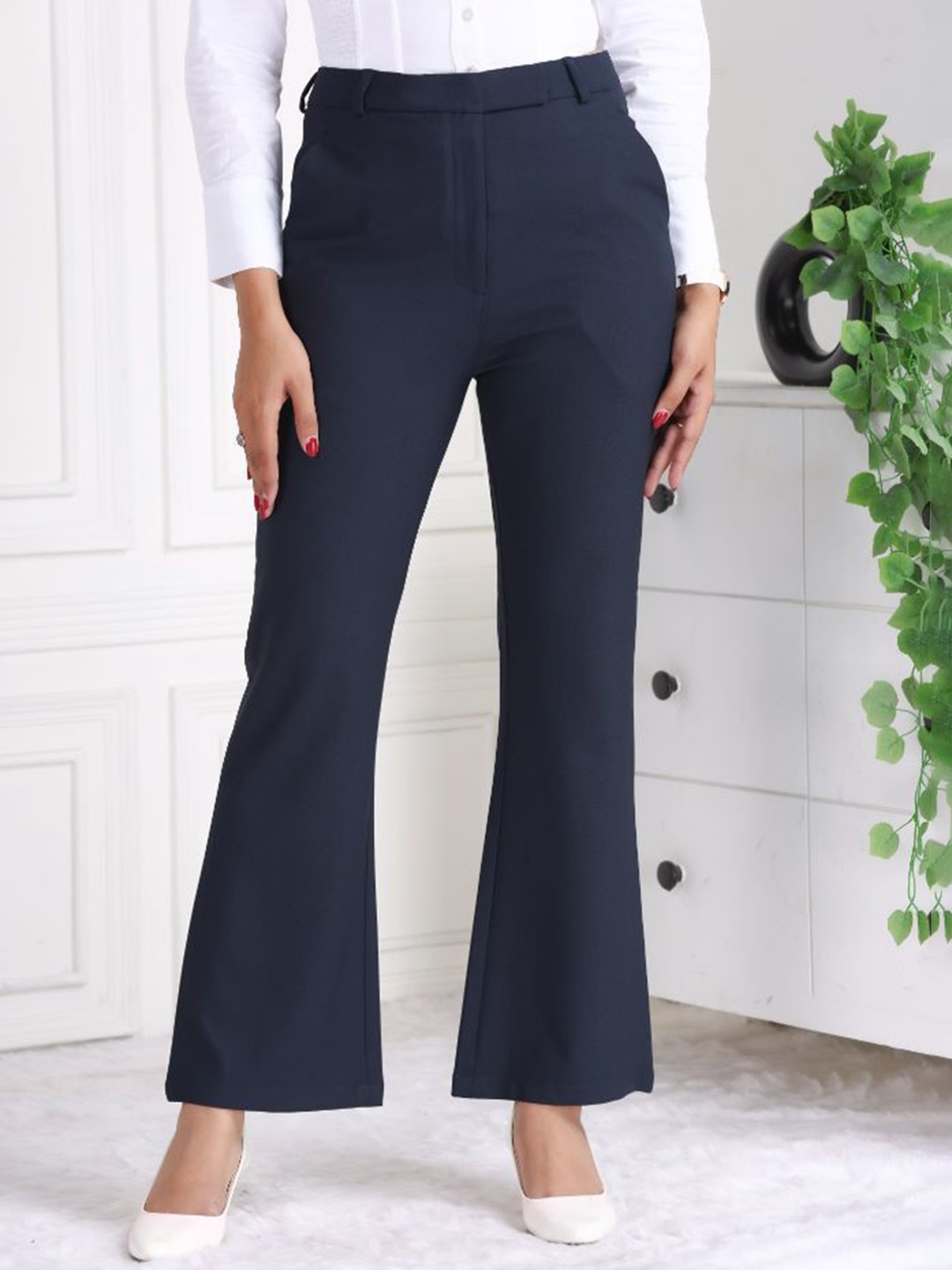

Mlada Women Original Flared High-Rise Easy Wash Trousers, Navy blue