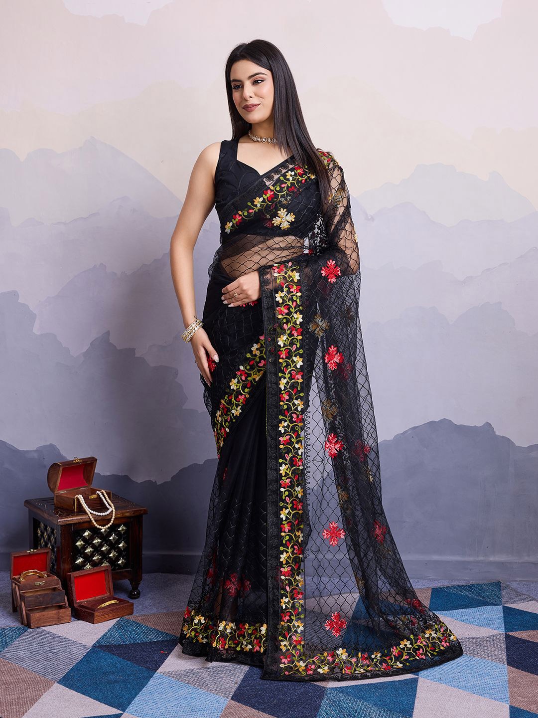

HERE&NOW Floral Embroidered Net Saree With Blouse Piece, Black