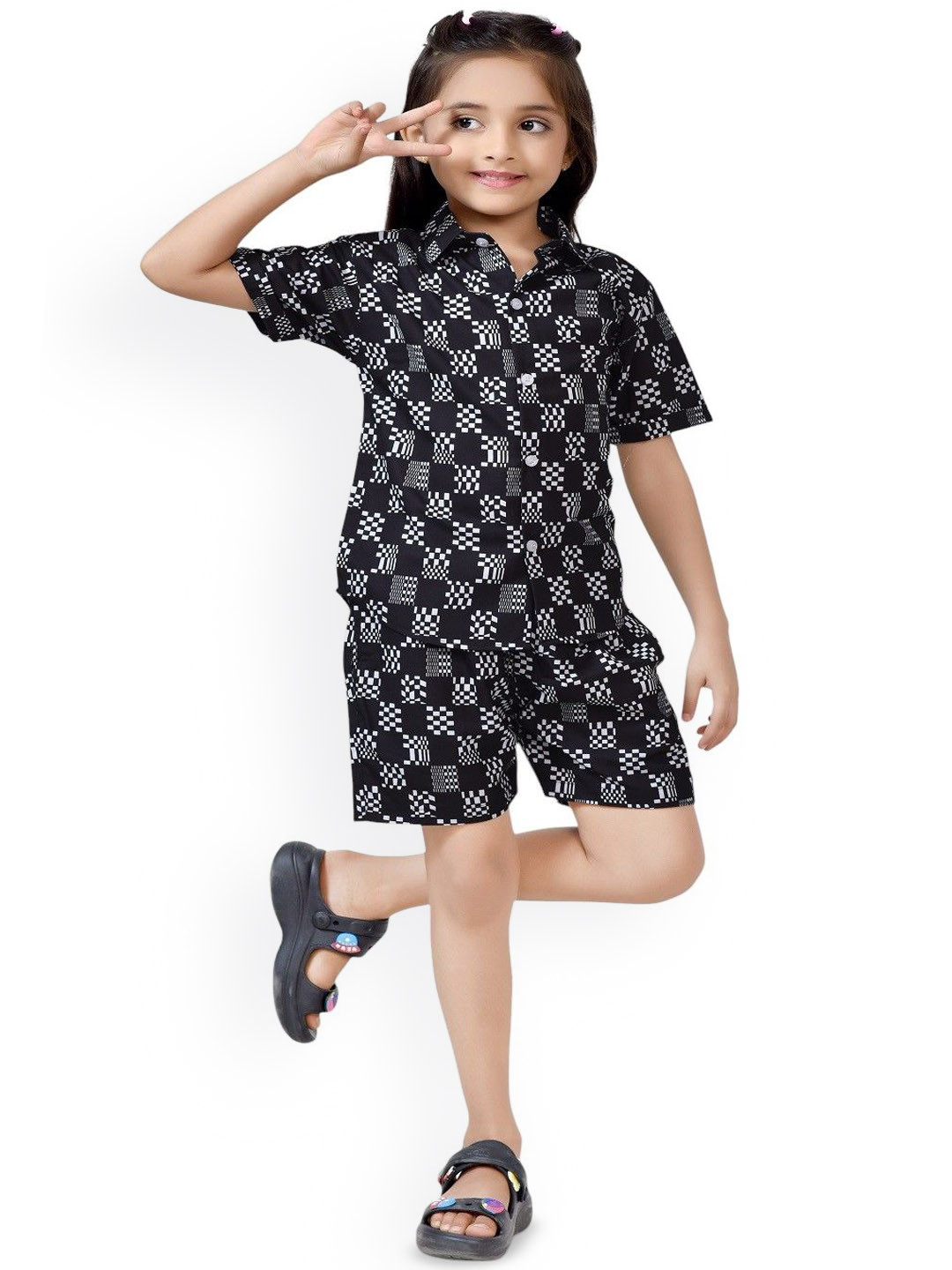 

BAESD Girls Printed Pure Cotton Shirt with Shorts, Black