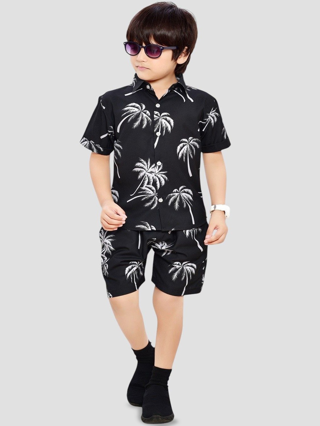 

BAESD Boys Printed Pure Cotton Shirt With Shorts Clothing Set, Black