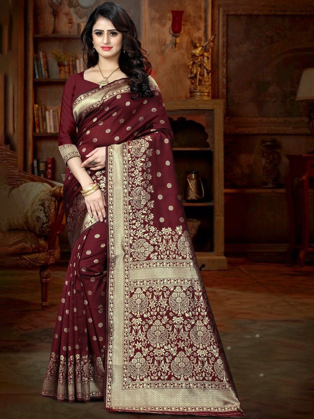 

KALINI Woven Design Silk Blend Designer Kanjeevaram Saree, Maroon