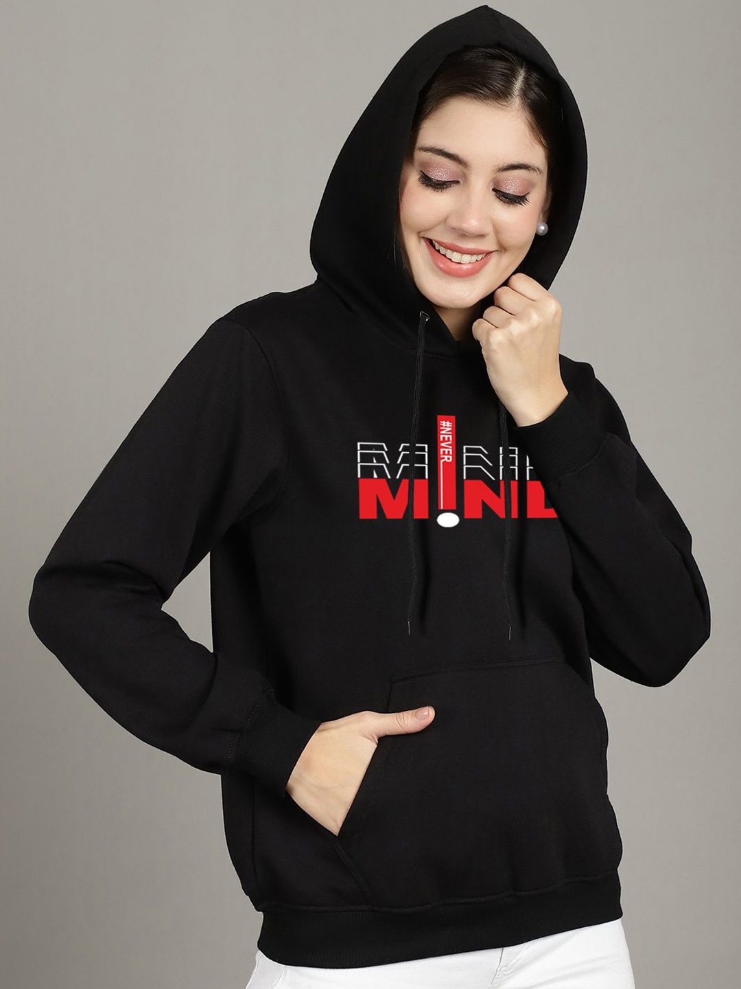 

Jinfo Women Printed Hooded Sweatshirt, Black