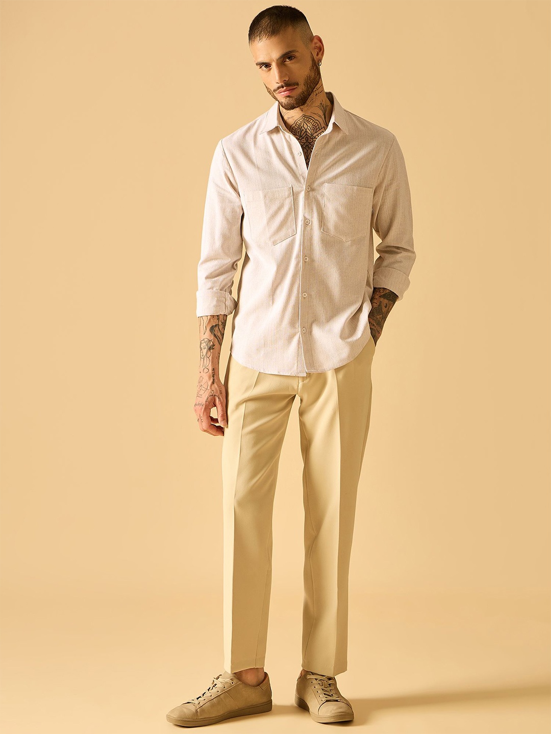 

AKS Men Standard Semi Sheer Casual Shirt, Cream