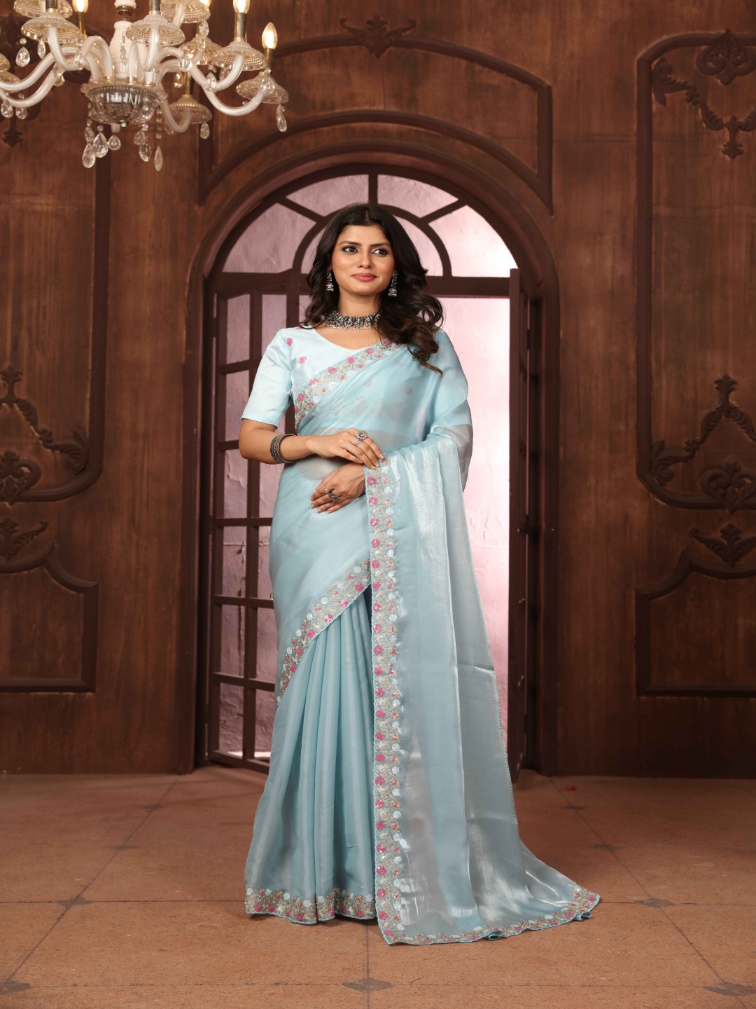 

A.V.M Prints Embroidered Sequinned Art Silk Maheshwari Saree, Blue