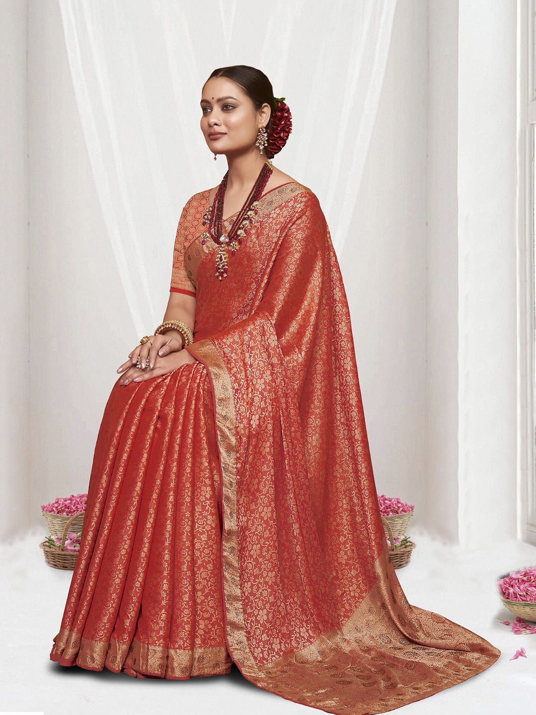 

A.V.M Prints Woven Design Zari Pure Silk Saree, Red