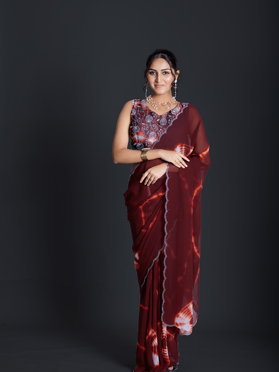 

A.V.M Prints Tie and Dye Embelished Beads and Stones Saree, Brown