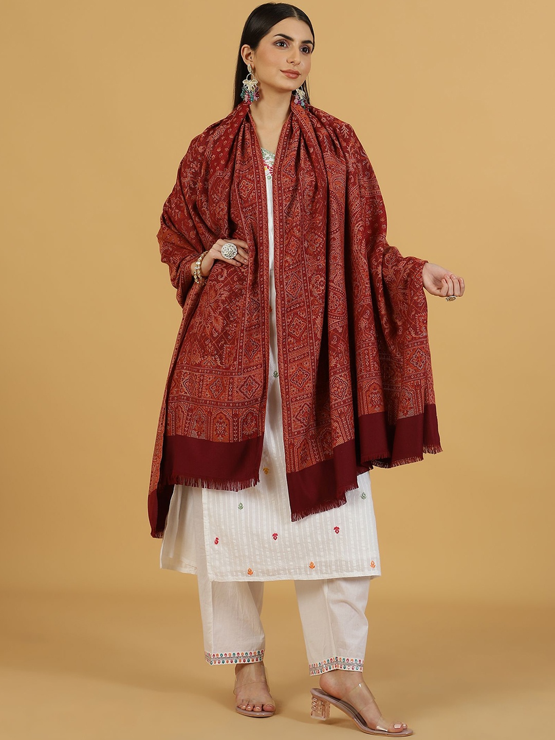 

La Vastraa Women Floral Woven Design Shawl, Maroon