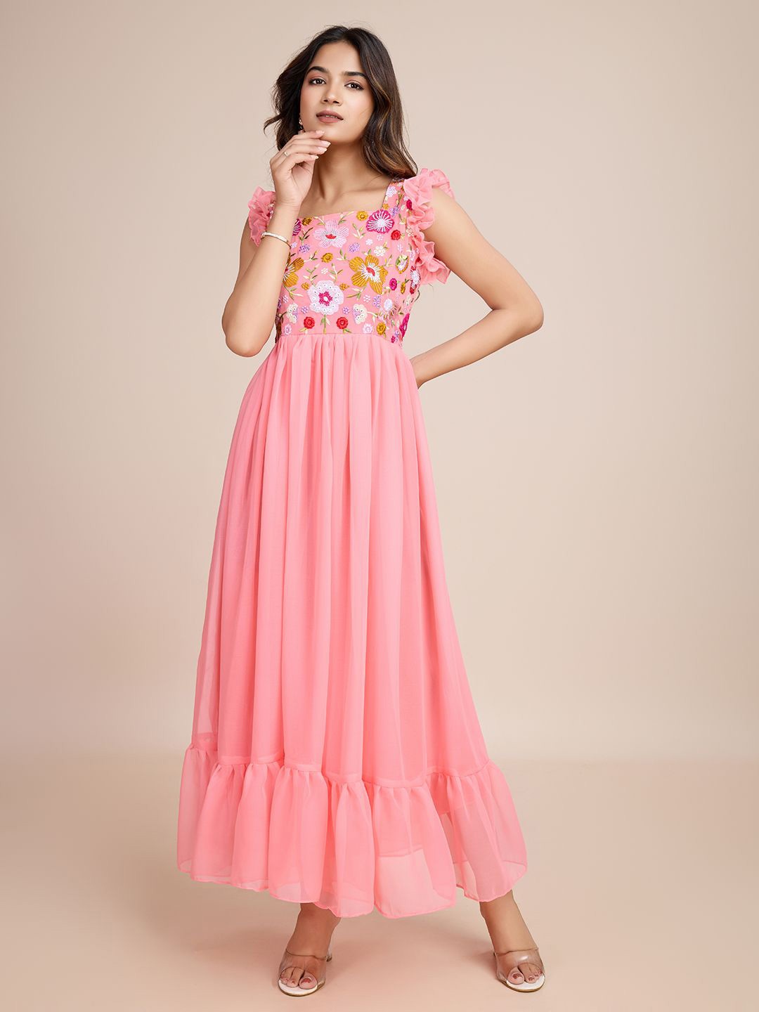 

AKSHARAM Floral Embroidered Georgette Fit & Flare Maxi Dress, Peach