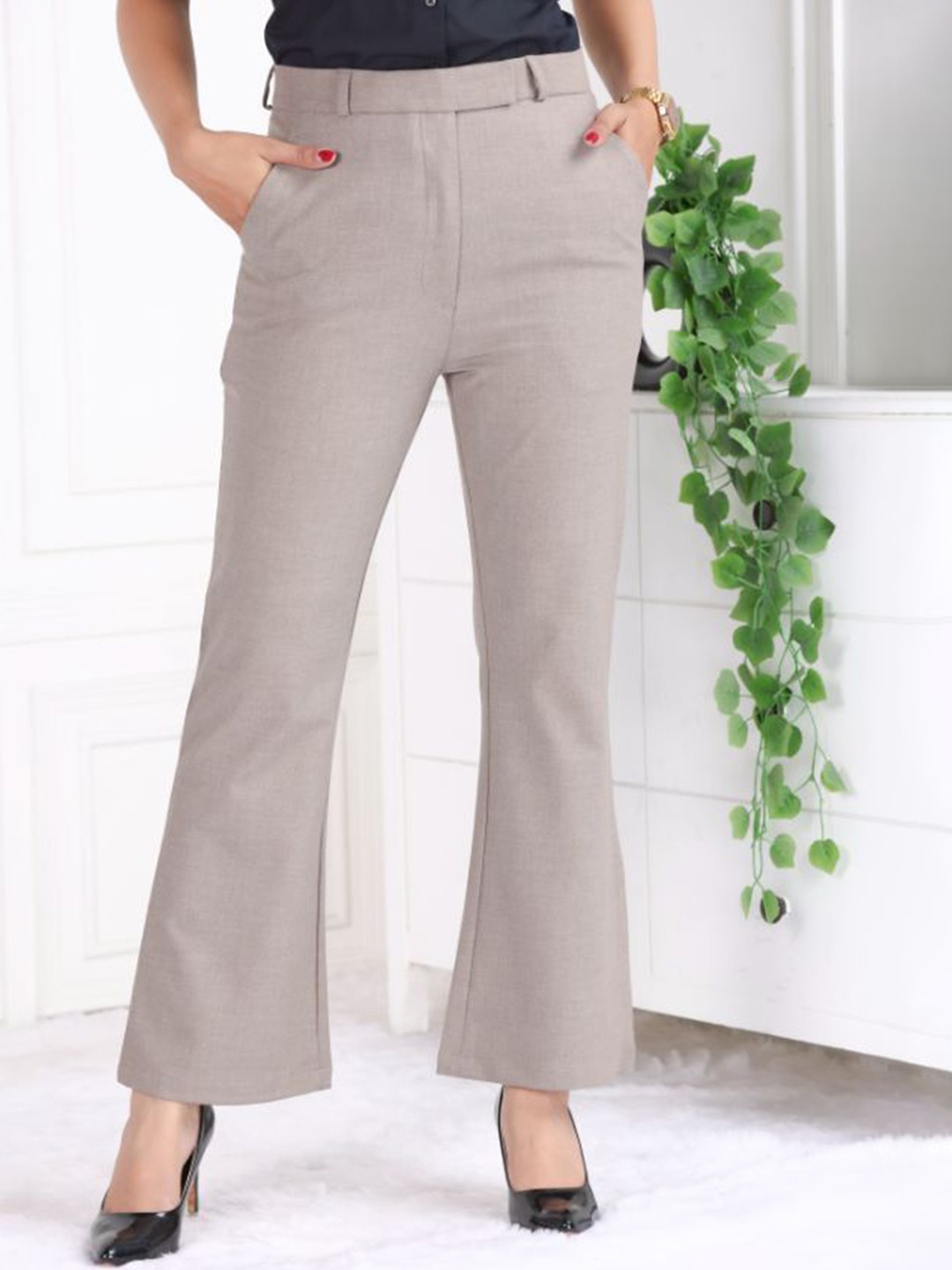 

Mlada Women Original Flared High-Rise Easy Wash Trousers, Brown