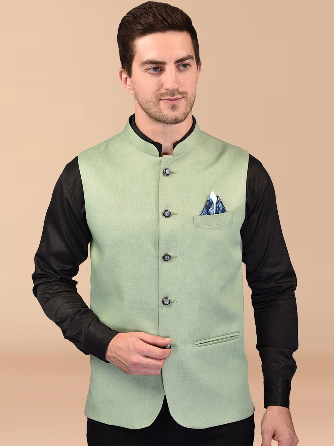 

PRINTINDIA Men Sleeveless Mandarin Neck Nehru Jacket, Green