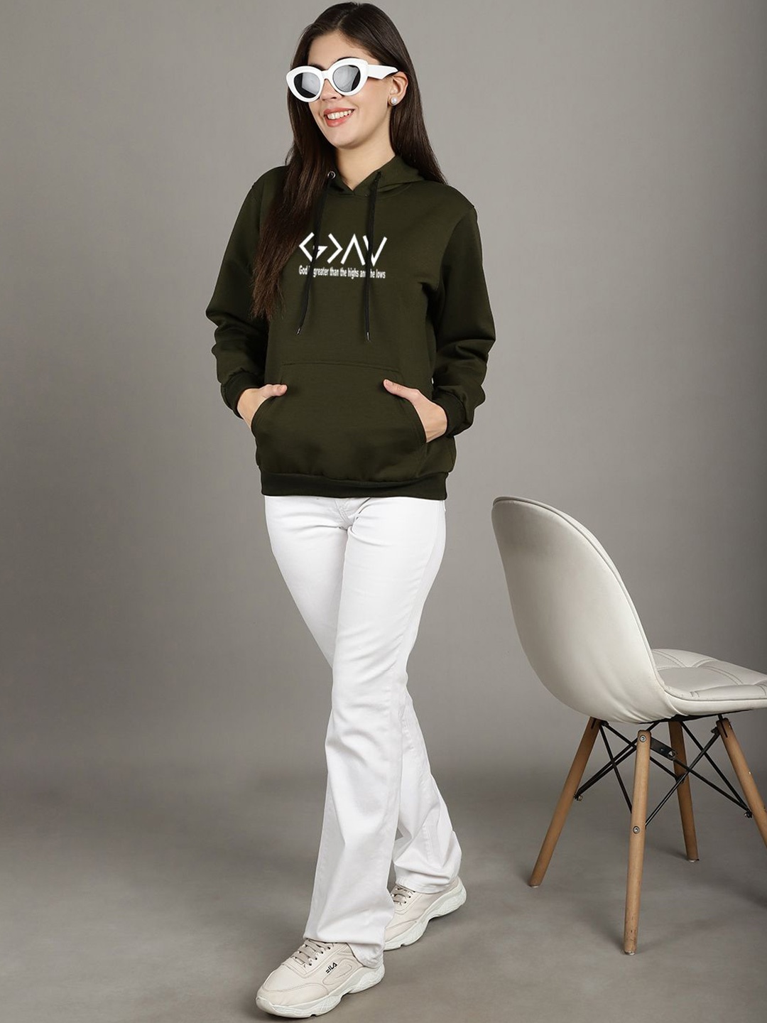 

Jinfo Women Printed Hooded Sweatshirt, Green