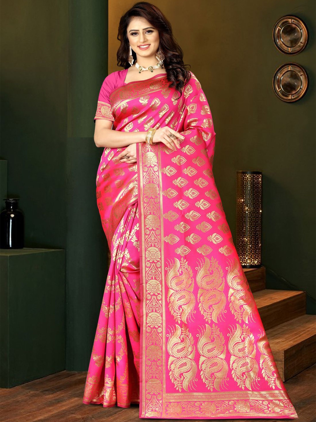 

KALINI Woven Design Silk Blend Designer Kanjeevaram Saree, Pink