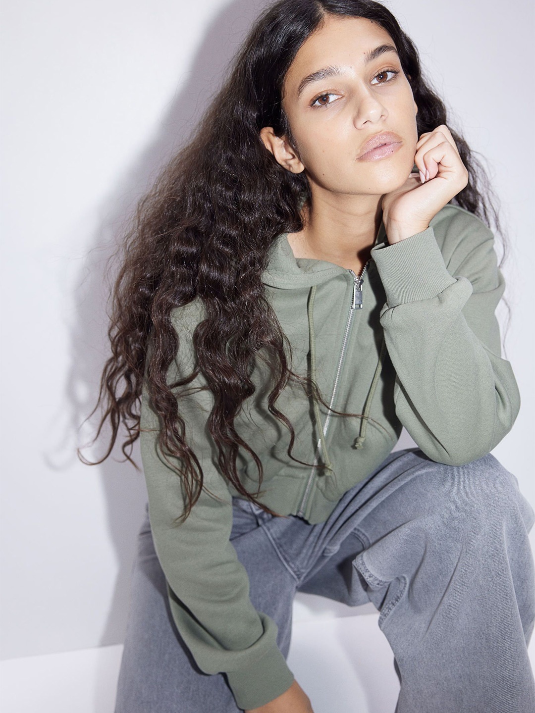 

H&M Cropped Zip-Through Hoodie, Green
