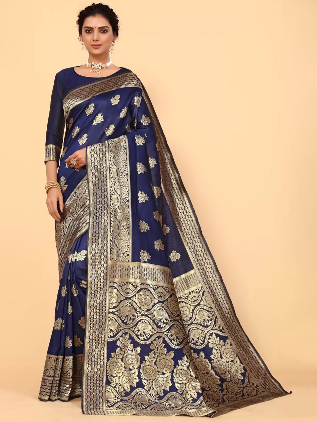 

KALINI Woven Design Zari Silk Blend Kanjeevaram Saree, Navy blue